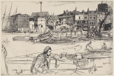 Etching of a busy riverside with boats, buildings, and a man sitting on a boat.