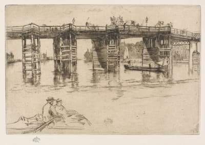Etching and drypoint in dark brown ink on off-white laid paper by Whistler depicting the Old Putney Bridge, 1879.