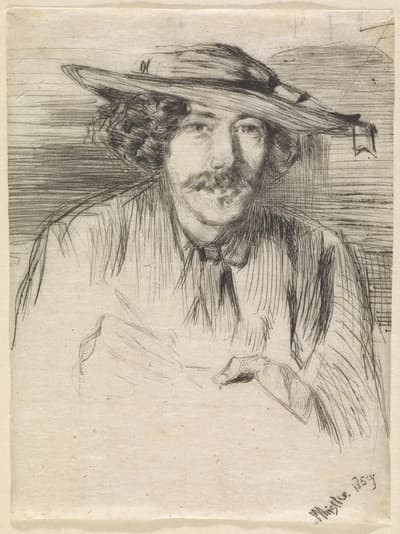 Etching of a man wearing a hat.