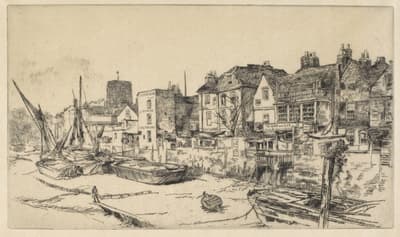 Etching and drypoint in black ink on cream Japanese paper depicting boats on a dried out river bed in Chelsea, 1879.
