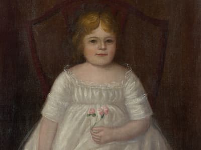 Painting of a young girl wearing a white dress and posing holding a small pink flower in her left hand.