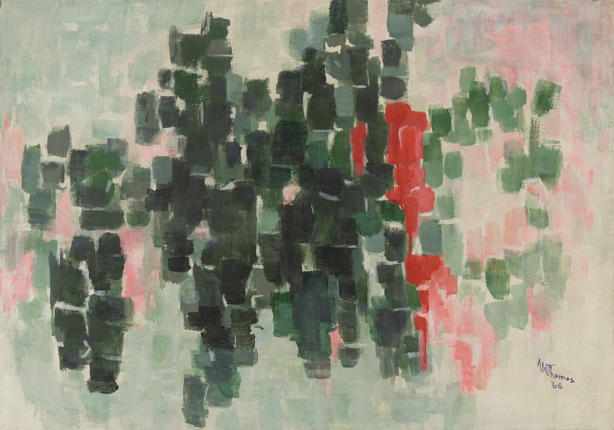 Abstract painting with dark green, black, and bright red rectangular shapes on a pastel pink and green background.