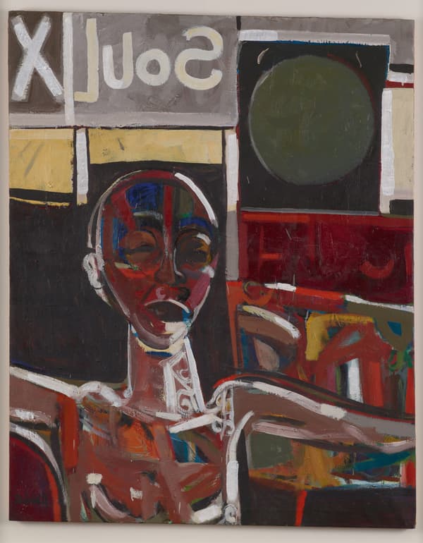 Colorful oil on linen painting in which the central, skeletal figure raises both arms. In the background, the text SOUL X is legible.