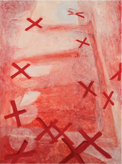 A red monochromatic aquarelle and oil on panel by Emma McMillan titled Project X, 2019.