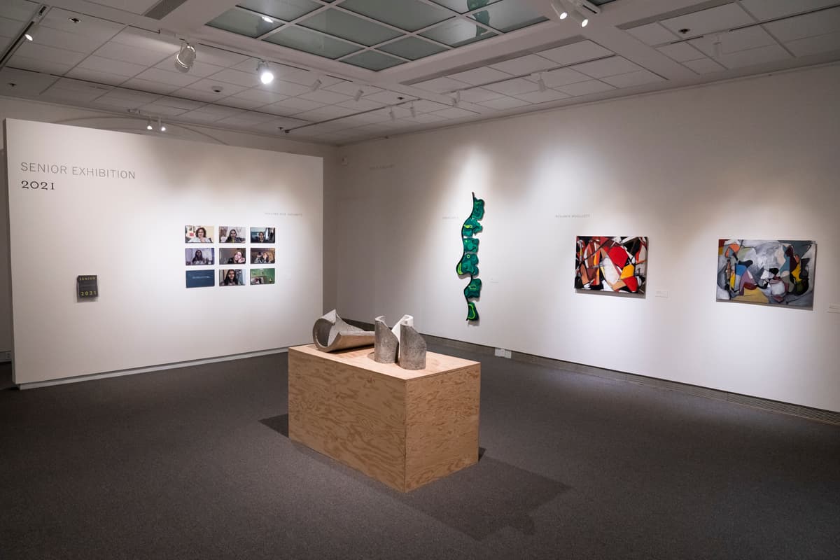 Installation view of the 2021 Senior Exhibition with work by Colby seniors Grace Connolly, Evan Sievers, and Sally Kashala. (Photo by Gabe Souza.)