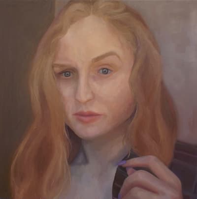 A close up oil on panel portrait of a woman with light blonde hair and long purple fingernails.