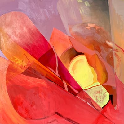 Abstract painting with bold red, orange, pink, and yellow shapes.