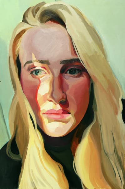 A close up oil on panel portrait of a woman with blonde hair.
