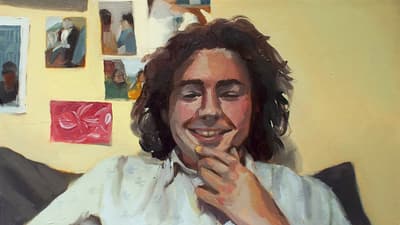 A close up acrylic portrait of a young boy holding his chin with his hand in front of a yellow wall with other pictures.