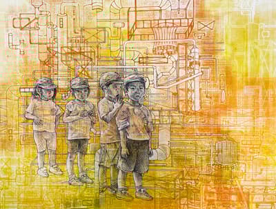 Four small children in black and white depicted in front of a yellow and orange background overlaid with pipes and machinery.