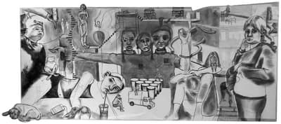 Surreal black-and-white collage with human figures, buildings, and abstract elements.