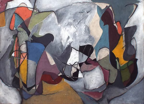 An acrylic and charcoal of abstract dark lines filled in with some bright colors and shades of grey and white.