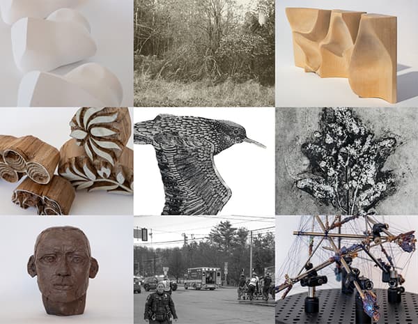 A designed checkerboard banner with nine different works of art from the 2024 Senior Exhibition.