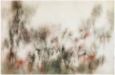 Abstract artwork with overlapping angular shapes in earthy tones and misty background.