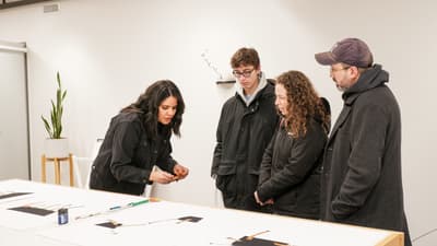 Lunder Institute fellow welcoming three visitors into their studio