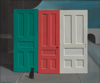 A painting of a green, red, and white door freestanding in the middle of a room with a black cat sitting in front of them.