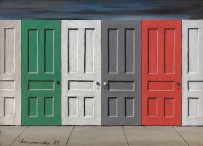 Five closed doors in gray, green, white, dark gray, and red along a flat wall.