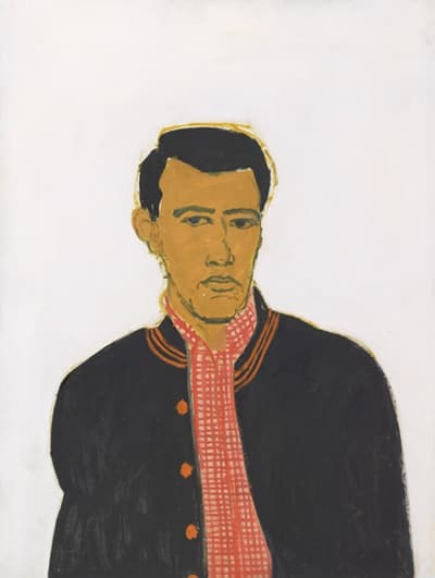 Self-portrait of the artist wearing a red checkered shirt and black jacket against a white background.