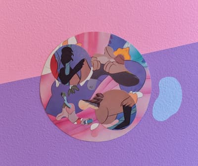 A detail of a wall painting installation by Catalina Schliebener Muñoz with collaged cut-out elements of the various cartoon characters throughout the piece.