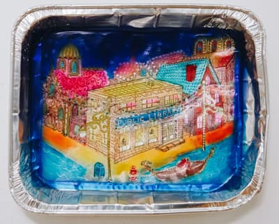 A detail of one of the paintings inside aluminum baking tins displayed salon style by Thomas Lanigan-Schmidt.