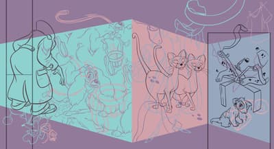 A wall painting installation by Catalina Schliebener Muñoz depicting anthropomorphized cartoon dogs dressed in fancy clothes and fur coats against a colorful wall with a false perspectival background.
