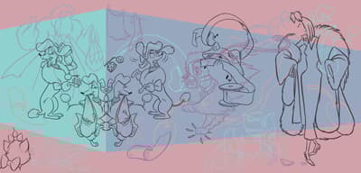 A wall painting installation by Catalina Schliebener Muñoz depicting anthropomorphized cartoon dogs dressed in fancy clothes and fur coats against a colorful wall with a false perspectival background.