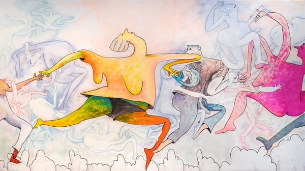 A detail of an installation by Gladys Nilsson, a wall painting Rounding Rosie's Ring, Dance You Fools, Dance.