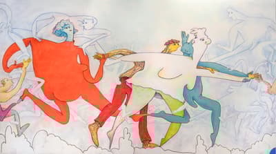A detail of an installation by Gladys Nilsson, a wall painting Rounding Rosie's Ring, Dance You Fools, Dance.