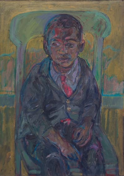 Painting of a young boy seated on a blue chair with a yellow background. The boy wears formal attire, which seems to be disheveled.