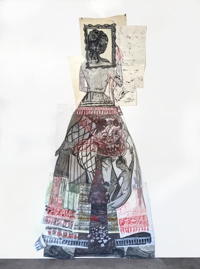 Collaged depiction of the back of figure wearing a large skirt facing away from the viewer.