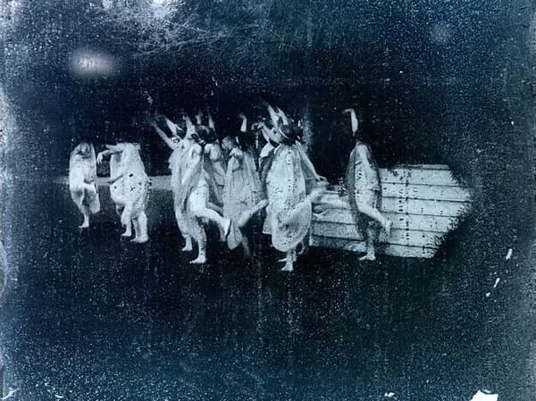A still from Blue Dancers (detail), a 2K video by Bill Morrison. Original source material unknown. 35mm film, black and white, 19 sec. (loop). Sourced from the Library of Congress. Courtesy of the artist.