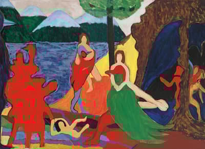 Tan-colored figures and figures in red and green depicted infant of large mountains and a body of water.