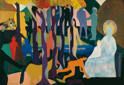 Multiple figures in various colors behind purple trees. Two figures on the right in blue are depicted with halos.