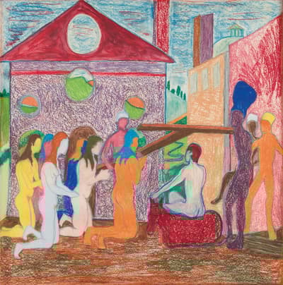 Multiple figures in various colors kneeling infant of a figure sitting on top of a red animal.