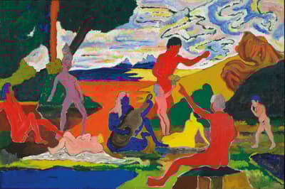 Multiple figures playing music and walking around in front of a colorful background of trees, mountains, and clouds.