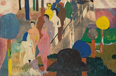 Figures in a line surrounded by large colorful circles with a the top of a dark hat in the foreground.