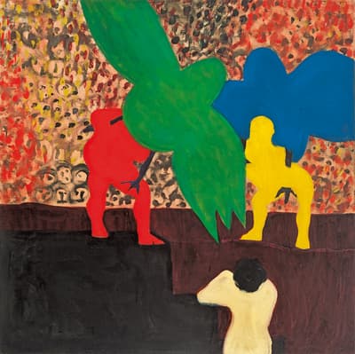 One red and one yellow figure surrounded by one green and one blue birds in front of a patterned background.