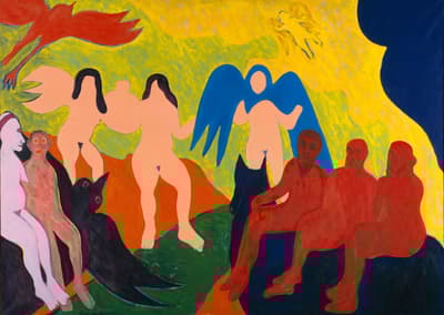 On the left, two figures sitting on top of a black bird. Next to them, three peach-colored figures with wings standing infant of three seated red figures.
