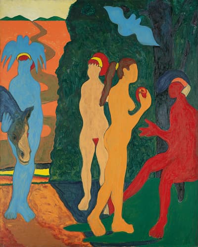 Two female figures, one holding a red object in her hand, surrounded by one seated figure in red and another blue-colored figure holding a horse.