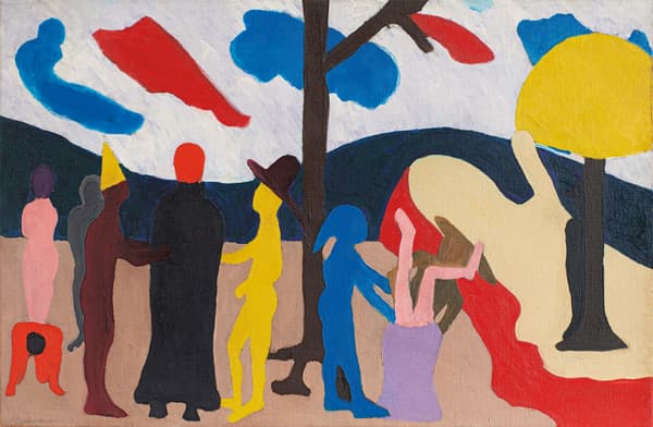 Multiple figures in various colors, three of whom are wearing different hats. A pink figure in the front is being put into a purple bag.