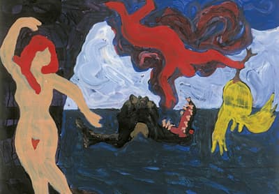 A woman with red hair in the foreground infant of an upside down red figure holding a yellow object and entering a mouth with large teeth.