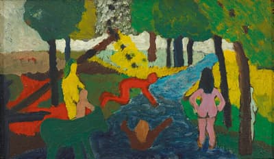 Multiple figures in various colors and an animal standing and swimming in a river of water surrounded by rows of green trees.