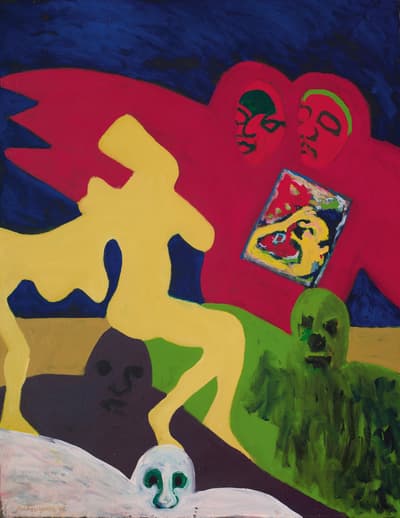 Two faces in red holding a painting facing a figure in yellow surrounded by three other figures who appear to be ghosts.