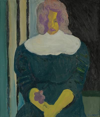 A portrait of a figures in a blue dress with a white color holding a purple flower.