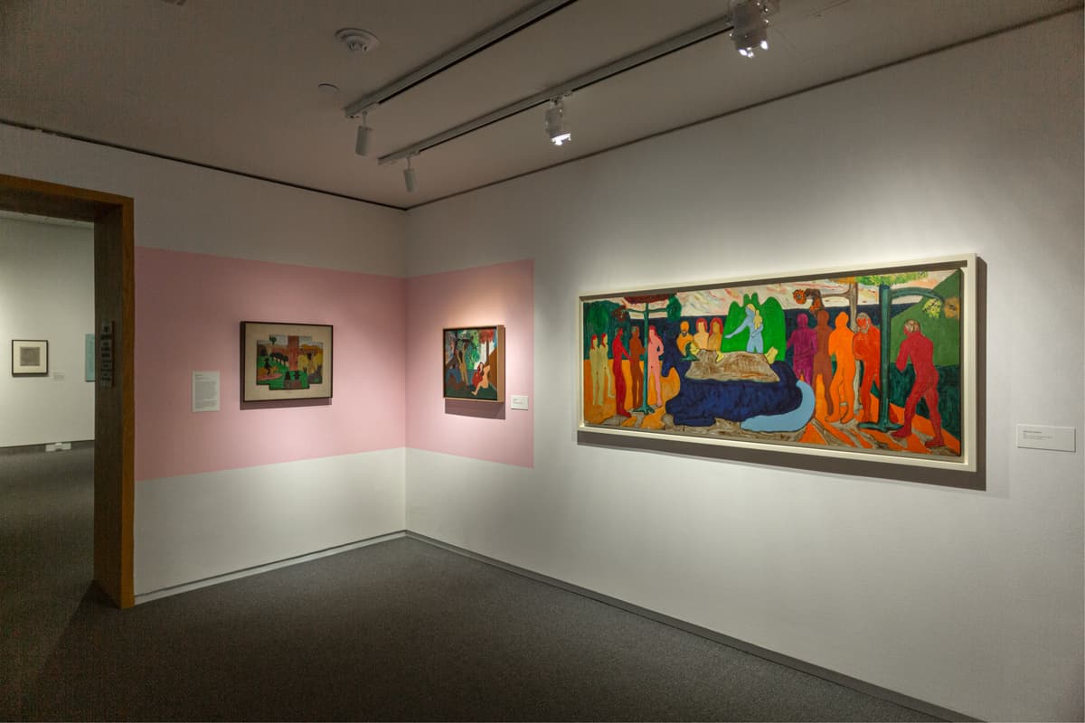 Two smaller square paintings and one long painting in Bob Thompson: This House is Mine.