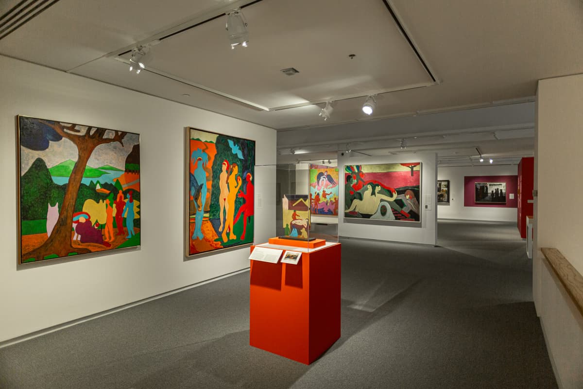 Instillation view of Bob Thompson: This House is Mine with one object highlighted in a plexiglass case with an orange bottom.