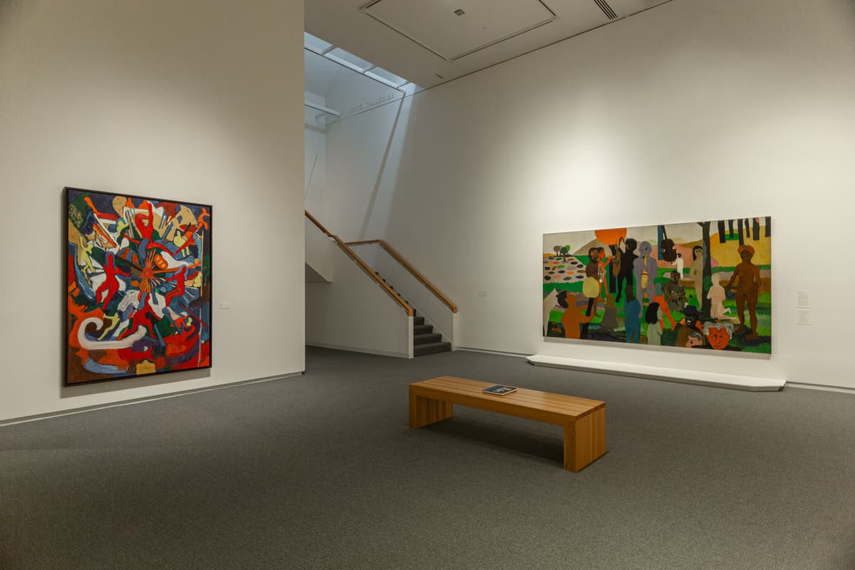 Two paintings from Bob Thompson: This House is Mine with a wooden bench in the middle.