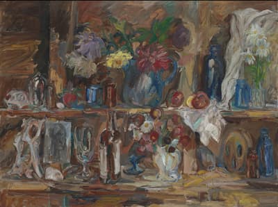 Painting by Ashley Bryan depicting a still life scene of flowers, bottles, vessels, and fruits.