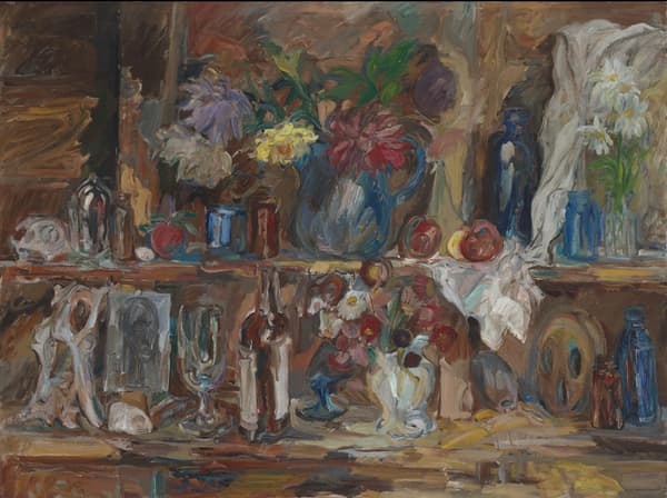 Painting by Ashley Bryan depicting a still life scene of flowers, bottles, vessels, and fruits.