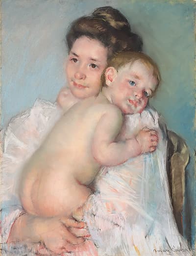A pastel painting of a woman holding a child, with soft colors and gentle expressions.
